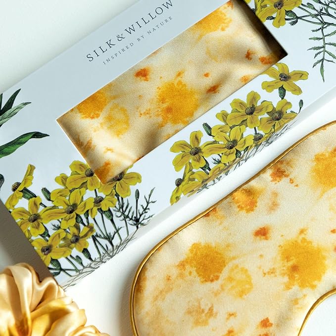 Silk & Willow 100% Pure Mulberry Silk Sleep Eye Mask & Hair Scrunchie Gift Set (Marigold Yellow)