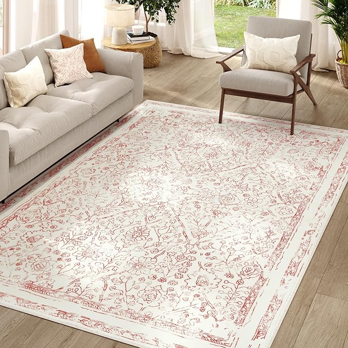 jinchan Vintage Floral Washable Area Rug 5x7 Distressed Faux Wool, Red