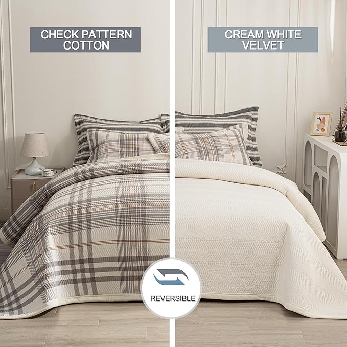 Cotton Plaid Quilt Set King 3 Piece Lightweight Reversible Bedding, Grid Grey White