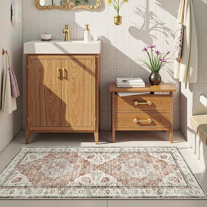 Uphome Bathroom Rugs Runner, Distressed Farmhouse Boho Orange Bath Mat, Non Slip Washable Long Bath Rugs, Vintage Traditonal Soft Velvet Bathroom Runner for Bathtub Sink Shower, 20x60 inch