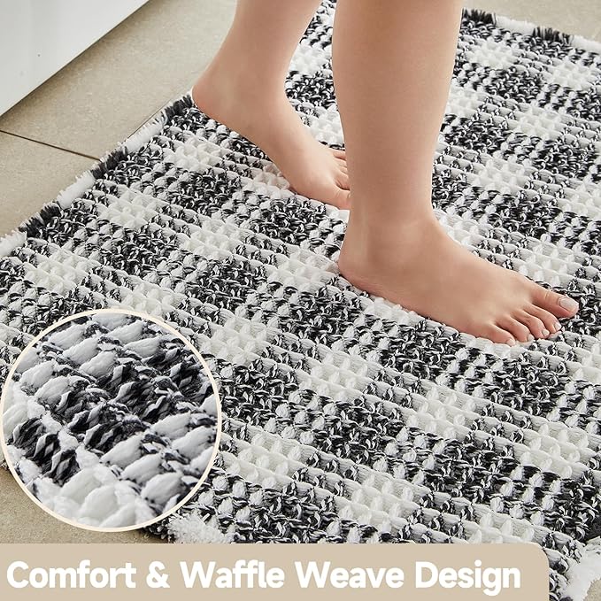 Waffle Runner Rug Bathroom, Long Boho Bathroom Rugs Non Slip Washable Absorbent Checkered Bathroom Mat Quick Dry Farmhouse Bath Mat, 72"x24" Black and White