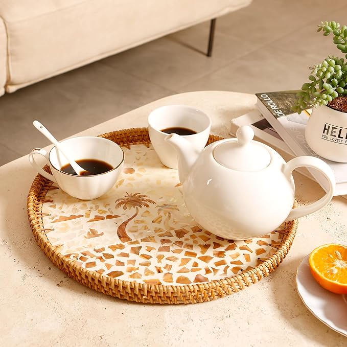 Round Rattan Tray with Mother of Pearl Inlay & Wooden Base - Decorative Wicker Serving Tray for Coffee/Bread/Fruits Display - Multipurpose Home Decor (M,Island)