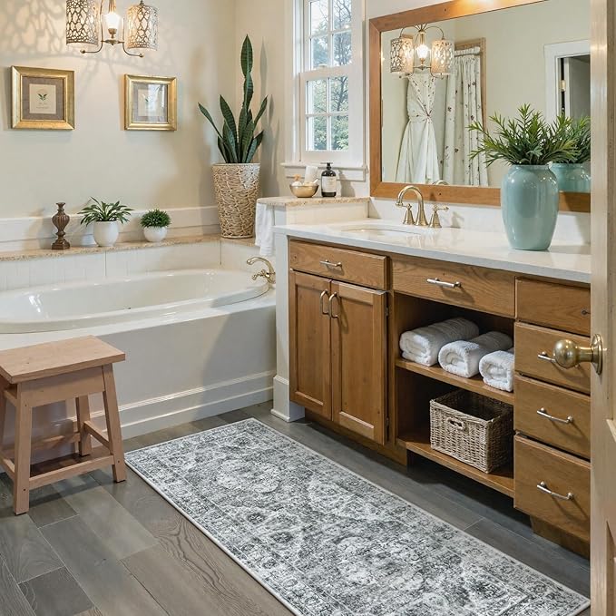 Uphome Bathroom Runner Rug, Distressed Tribal Farmhouse Gray Bathroom Mat, Large Bathroom Rugs Non Slip Washable, Oriental Retro Boho Bath Mat Runner for Bathtub Sink Hallway, 24x71 inch