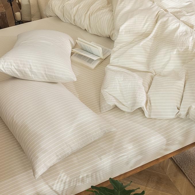 MooMee Striped Duvet Cover Set 100% Washed Cotton Linen Like Textured Breathable Durable Soft Comfy (Almond Milk Grey White Wide Stripes, King 104"x90")