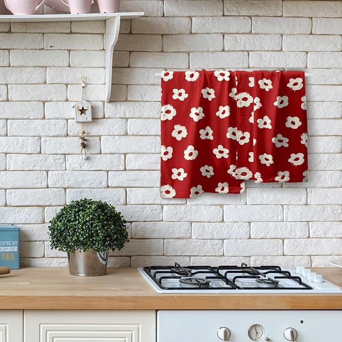 Modern Style Kitchen Dish Towels Set of 2 Red Floral Absorbent Tea Towels, Red Flower