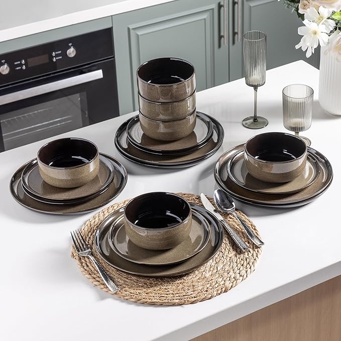 LeRatio Ceramic Dinnerware Sets for 6,Poreclain Plates and Bowls Sets,Handmade Reactive Glaze Dishes Set,Chip Resistant and Scratch Resistant | Oven&Dishwasher & Microwave Safe-Espresso Brown(18PCS)