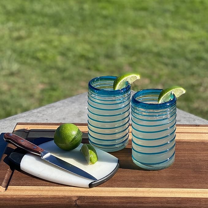 Hand Blown Mexican Drinking Glasses – Set of 6 Glasses with an Aqua Spiral Design (14 oz each) …
