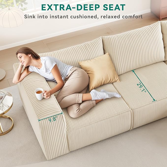 YITAHOME 107 Inch Cloud Modular Sofa with L-Shape Chaise, Deep Seat & 3 Pillows, Corduroy Couch for Living Room Bedroom, No Assembly Needed, Milky White