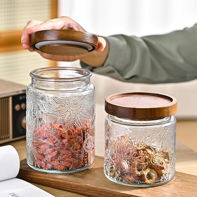 24oz Vintage Glass Canister With Lid Small Glass Jars Wide Mouth Mason Jars Airtight Coffee Canisters Kitchen Storage Containers For Sugar Tea Spice Flour Candy Cookie Cereal Cute Decorative