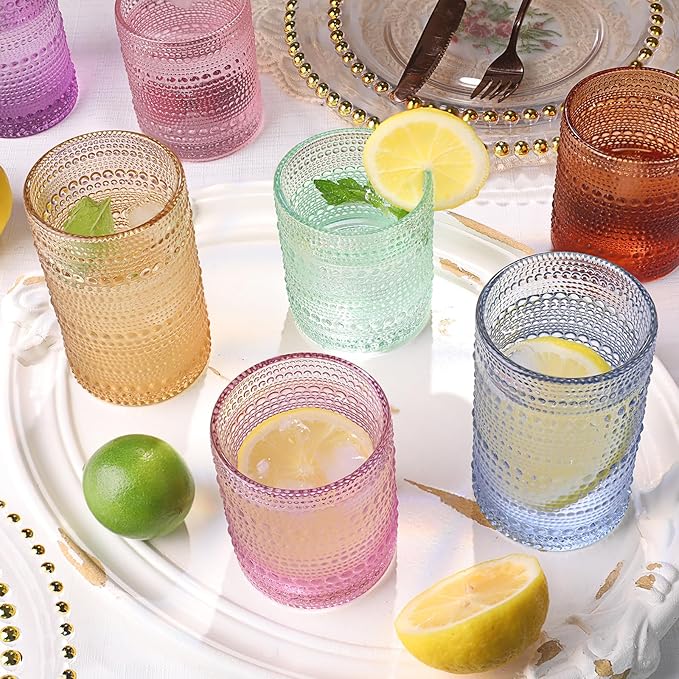 Blue Hobnail Glasses Drinking Set of 4, 12 oz Cocktail Glasses, Blue Vintage Glassware for Beer, Cocktail, Soda, Juice, Coffee and Various Mixed Drinks