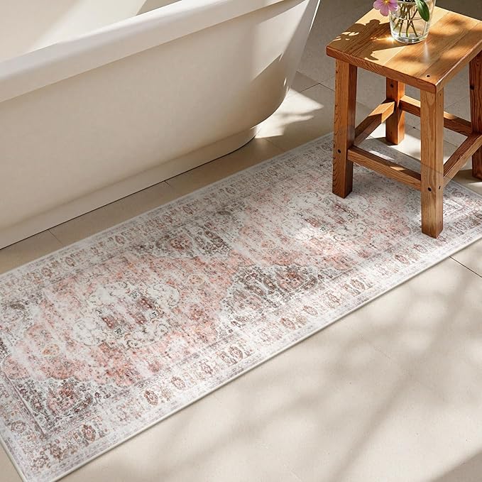 Uphome Bathroom Runner Rug, Distressed Tribal Farmhouse Blush Pink Bathroom Mat, Large Bathroom Rugs Non Slip Washable, Oriental Retro Boho Bath Mat Runner for Bathtub Sink Hallway, 24x59 inch