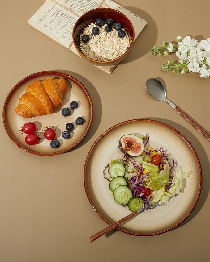 Stoneware Dinnerware Sets, Ceramic Plates and Bowls Set, Microwave & Dishwasher Safe Kitchen Dish Set, Modern Dinner Salad Plates | Cereal Bowls for 4, Dishware Sets Brown Yellow