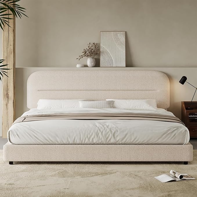 King Size Boucle Bed Frame, Upholstered Cloud Bed Frame with Headboard, Soft Platform with Thickened Footboard, Rounded Corners, No Box Spring Required, Easy Assembly, Beige