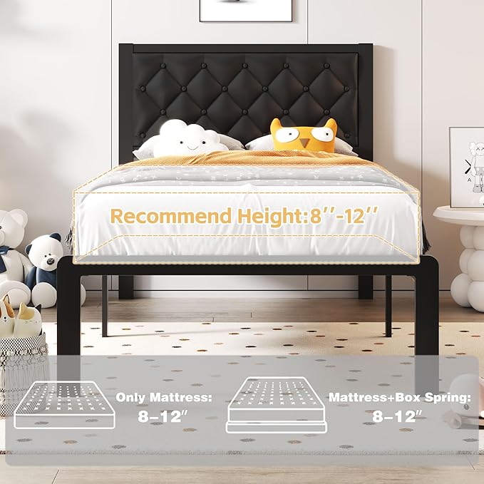 Twin Bed Frame with Headboard PU Leather Upholstered Bed Frame Platform,All Metal Slats Support Platform Bed Frame with Storage Space,Easy Assembly,Noise Free,No Box Spring Needed,Black