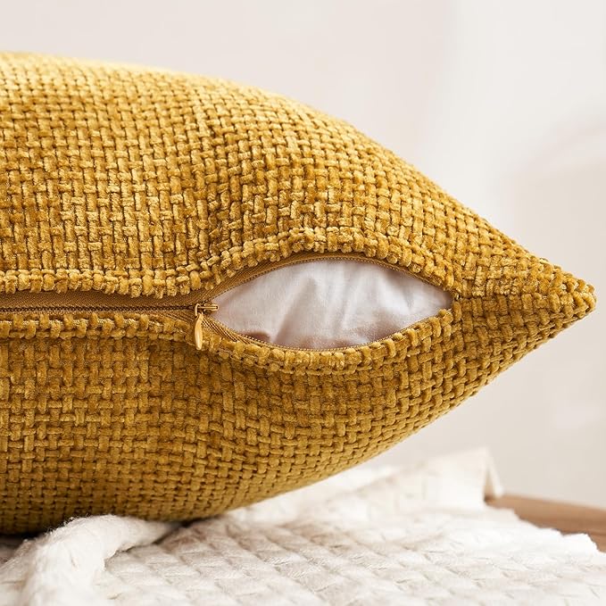 MIULEE Pack of 4 Throw Pillow Covers 18x18 Inch Neutral Gold/Brown Soft Decorative Chenille Pillow Covers Farmhouse Accent Cushion Covers for Boho Home Decor Bedroom Living Room