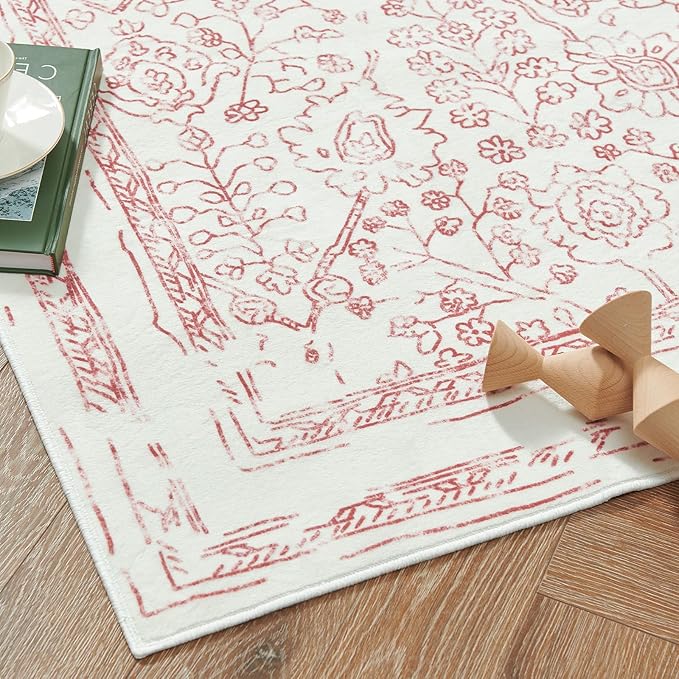 jinchan Vintage Floral Washable Area Rug 5x7 Distressed Faux Wool, Red