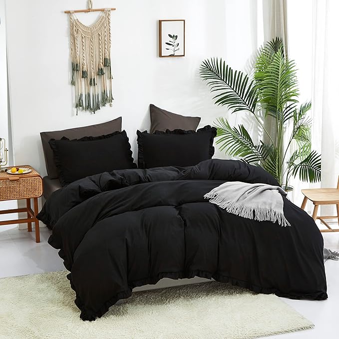 CLOTHKNOW Black Ruffles King Size Comforter Set Farmhouse Bedding Comforter Sets Shabby Chic Comforter Boho Comforter with 2 x Pillow Cases