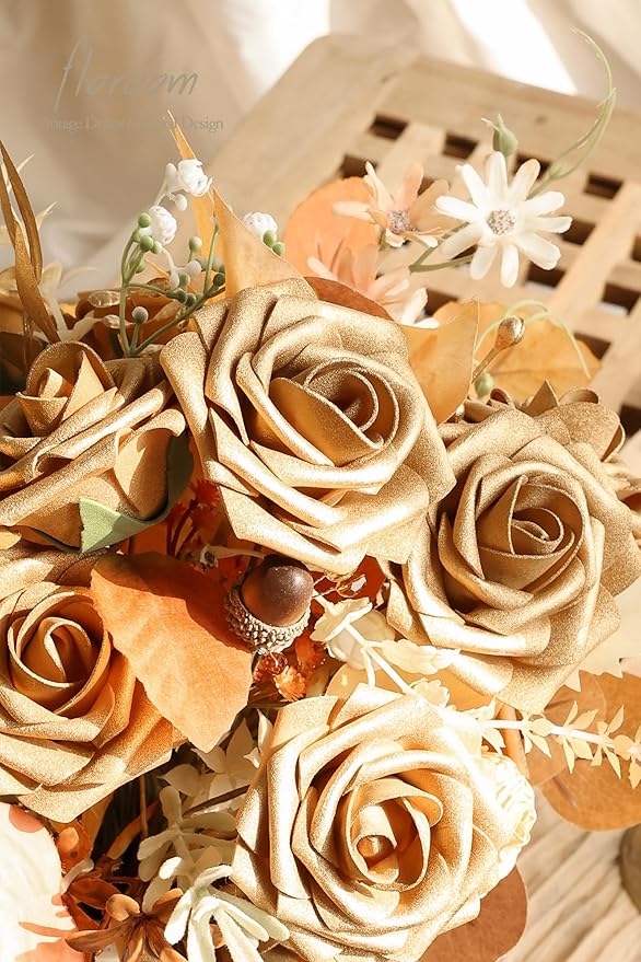 Floroom Artificial Flowers 25pcs Real Looking Antique Gold Foam Fake Roses with Stems for DIY Wedding Bouquets Bridal Shower Centerpieces Floral Arrangements Party Tables Home Decorations