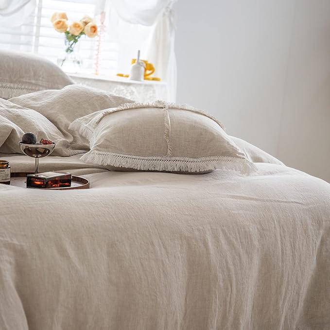 Simple&Opulence 100% Linen Euro Sham Pillow Covers Belgian Flax-Set of 2, Decorative Pillow Cover with Tassels, Boho Shabby Chic Style for Couch/Bed, Natural Linen, 26" x 26"