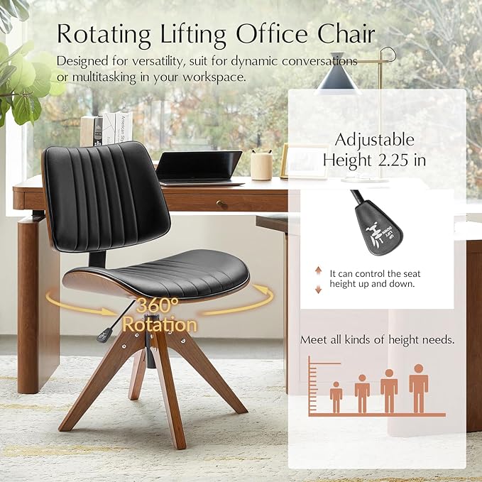 HULALA HOME Desk Chair with Solid Wood Legs, Adjustable Height & 360° Swivel, Comfy Bentwood Faux Leather Tufted Task Chair, Black
