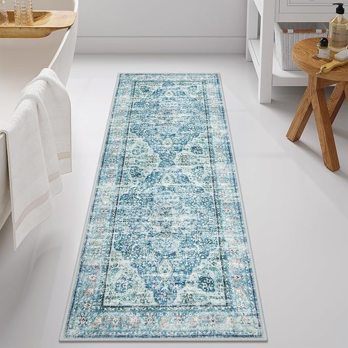 Uphome Bathroom Runner Rug, Distressed Tribal Farmhouse Light Blue Bathroom Mat, Long Bathroom Rugs Non Slip Washable, Oriental Retro Boho Bath Mat Runner for Bathtub Sink Hallway, 24x59 inch