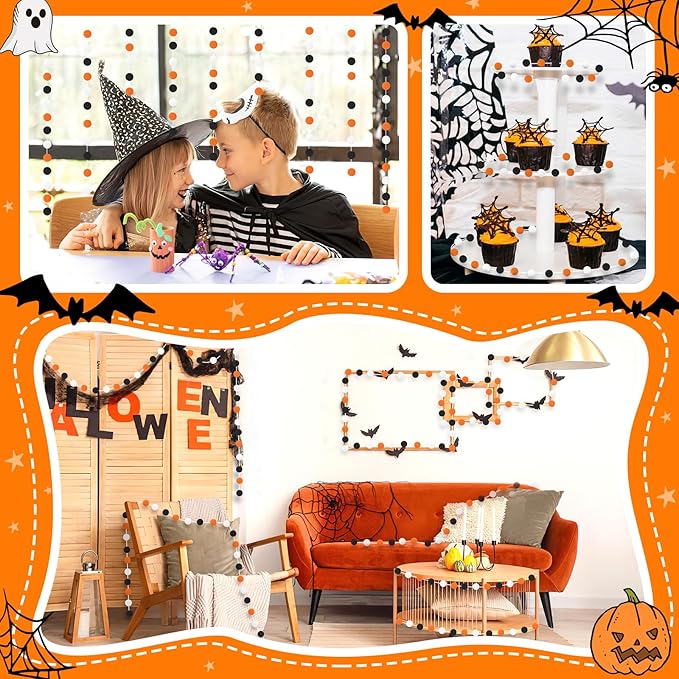 MARFOREVER Halloween Pom Pom Garlands Decorations, 4 Pack 26.3 Feet Halloween 30 Balls Black Orange White Felt Ball Hanging Garlands for Autumn Xmas Party Home Wall Decor Supplies