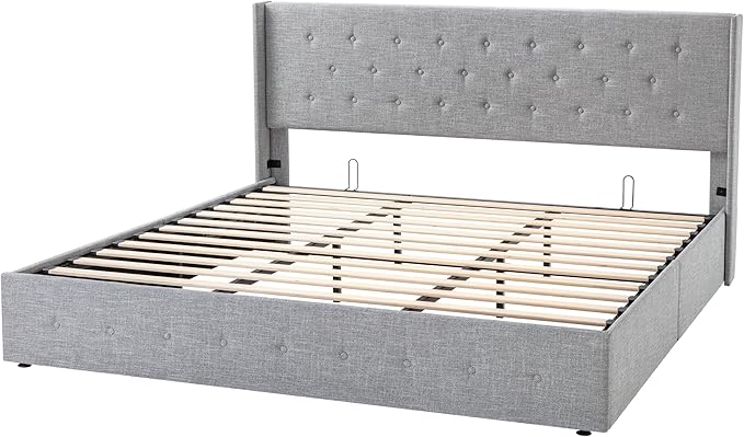 Allewie King Size Lift Up Storage Bed, Button Tufted Headboard with Wingback, Hydraulic Support, No Box Spring Needed, Light Grey