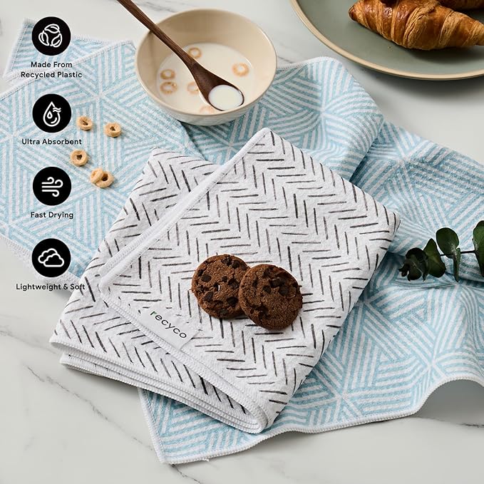 RECYCO Waffle Kitchen Towels Set of 2 Quick Dry Microfiber Sustainable Lightweight Hand Towels Modern Maze 16x28