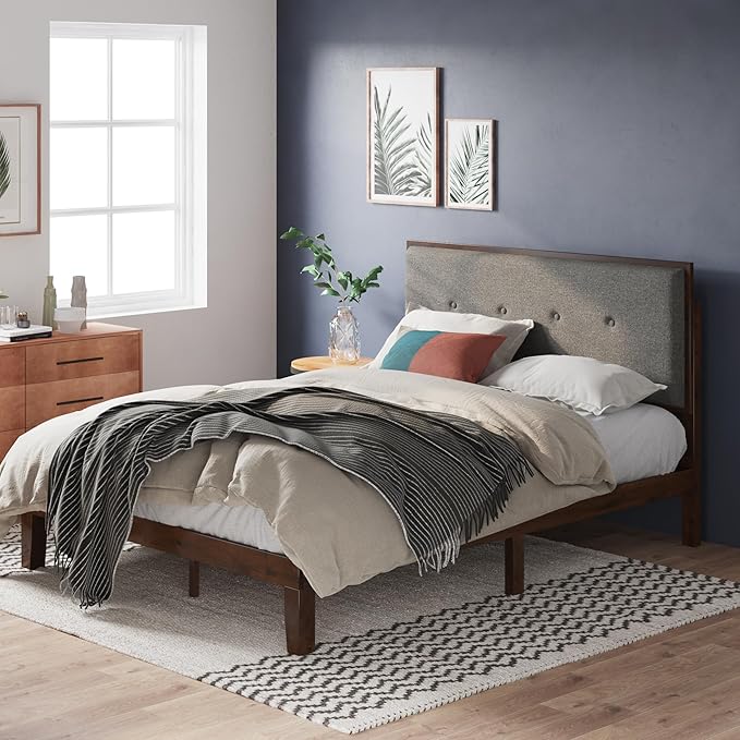 ZINUS Moiz Wood Platform Bed Frame with Adjustable Upholstered Headboard, Solid Wood Bed, Wood Slat Support, No Box Spring Needed, Easy Assembly, Queen