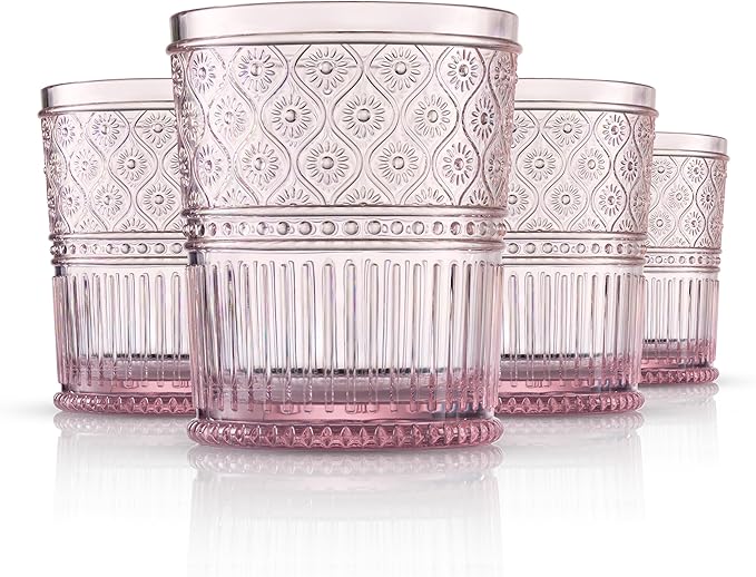 Godinger Whiskey Glasses, Acrylic Drinking Glasses Set, Elegant Lowball Plastic Cups, Rocks Glasses, Glasses Drinking Set, Vintage Romantic Decor - 11oz, Set of 4, Blush