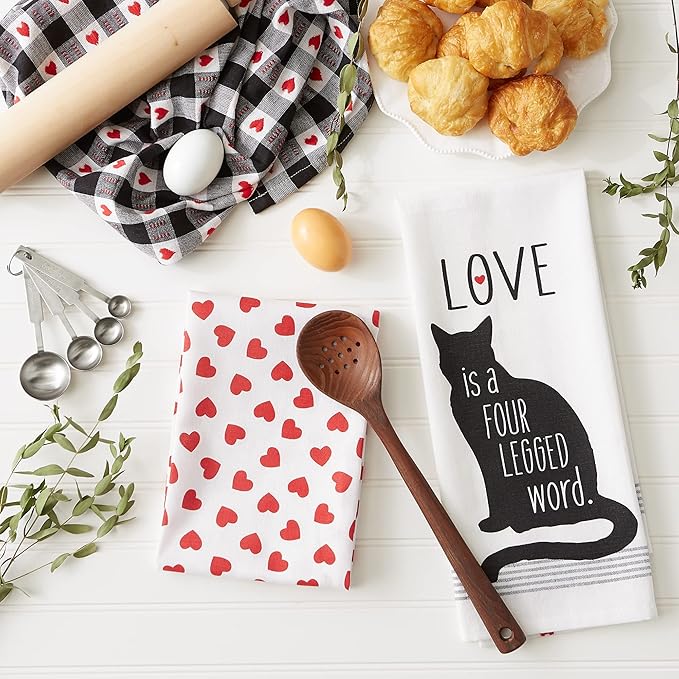 DII Valentine Dish Towels Set of 3 Cat Love Decorative Kitchen Towels 18x28