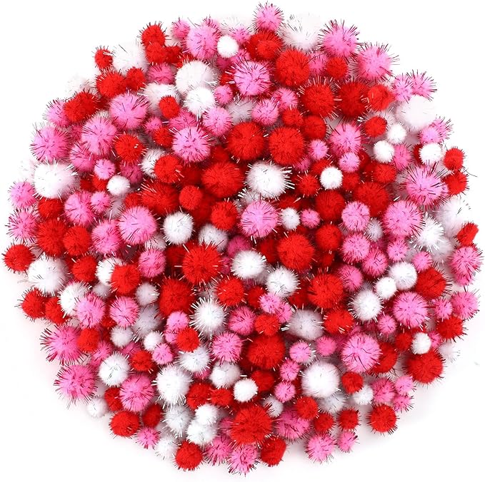 UPINS Valentine's Day Pom Poms Balls, 600 Pieces Pink Red Glitter Pom Poms Mixed Sizes Fluffy Pompoms for Crafts Making DIY Wedding Valentine's Day Party Decorations Supplies (3 Colors)