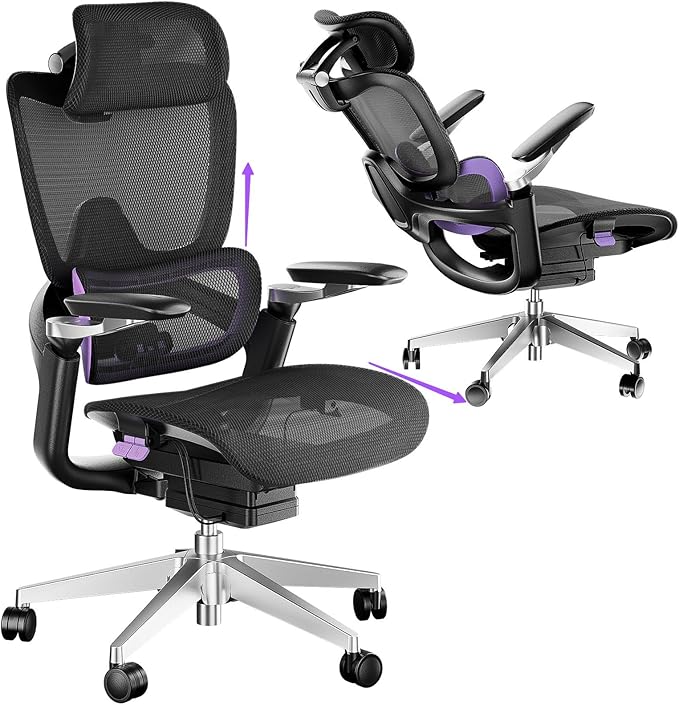 Ergonomic Office Chair, Mesh Home Desk Chair with Adjustable Lumbar Support, Big and Tall Gaming Chair with 4D Headrest, 5D Armrest,90-130°Tilt, BIFMA Certified, Model Zen (Purple)