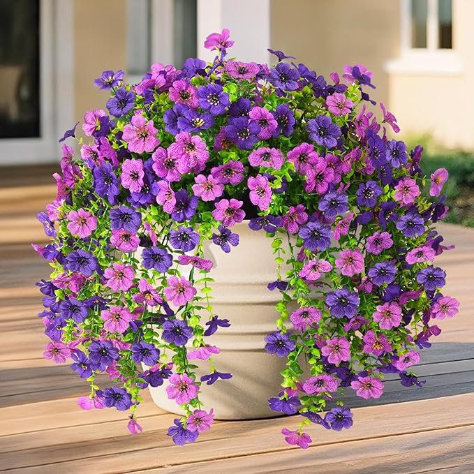 INQCMY 2Pcs Artificial Flowers for Outdoors UV Resistant Artificial Plants Easy Assembly for Spring Decor Look Real Faux Hanging Flowers for Outside Home Planter Porch Patio Decor