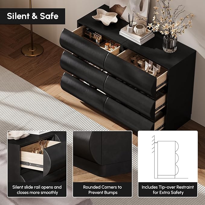 homary Black 6 Drawer Dresser Chest with Storage Cabinet Modern Chest of Drawers Storage Organizer Dresser for Bedroom Hallway Living Room (Black)