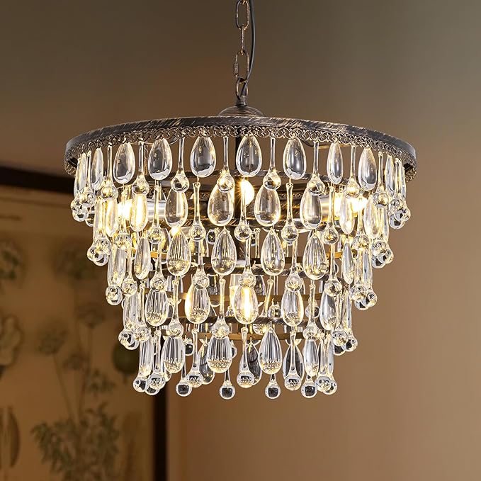 Vintage Crystal Chandeliers for Dining Room Light Fixture, 6-Light 5-Tier Antique Bronze Chandelier for Kitchen Island Bar Living Room Foyer Entryway, D20 xH17