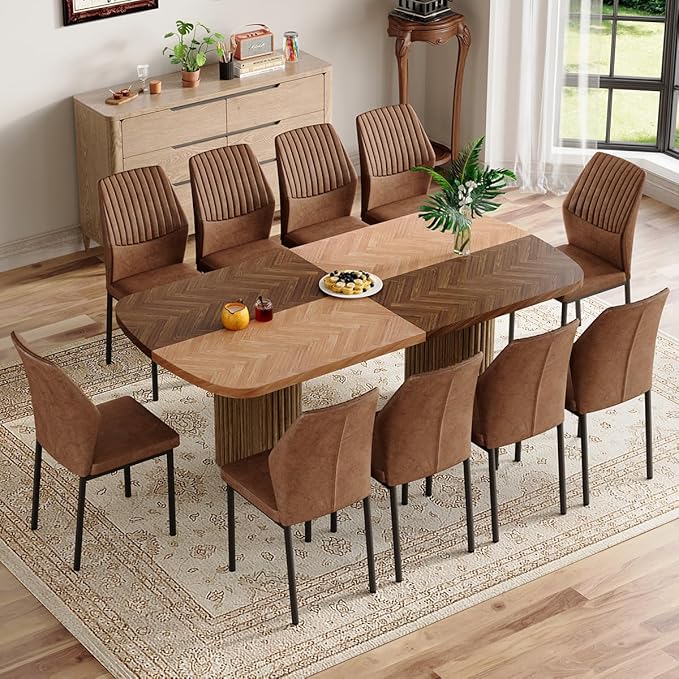 Dining Table Set for 10,Large 79" Rectangular Kitchen Table Set for 10 with Cushioned Chairs,Modern Mid-Century Wood Dining Room Table Set for 10,Ideal for Dining & Gatherings