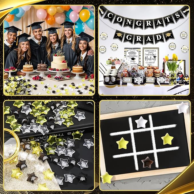 120 Pcs Happy New Years Acrylic Star Translucent Crystals Gems New Year 2026 3D Star Shaped Gems for Vase Filler Ice Rocks, Party Wedding Arts Crafts Decoration (Blak/Gold/Translucent)