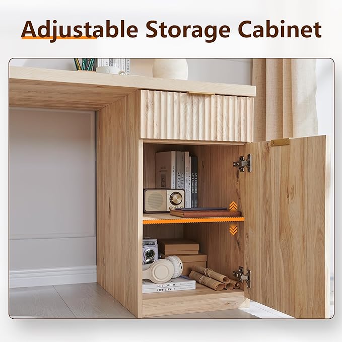 JXQTLINGMU 58" Modern Executive Desk with Storage, Wood Home Office Desk with 5 Drawers & 1 Cabinet, Fluted Computer Writing Desk for Study, Living Room, Bedroom, Oak