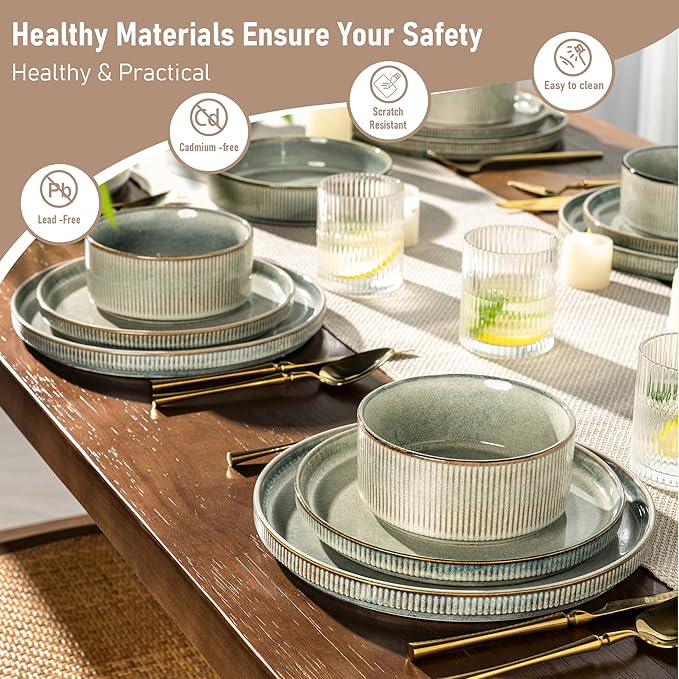 GBHOME Stoneware Dinnerware Sets for 8,Round Reactive Glaze Ceramic Plates and Bowls Set,Highly Scratch Resistant | Dishwasher & Microwave Safe Dishes Set,Service for 8(24Pcs)