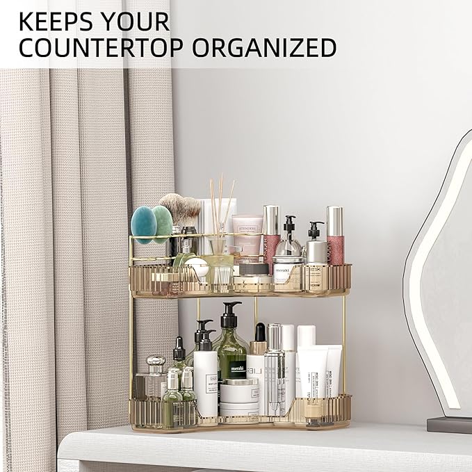 Corner Bathroom Counter Organizer with Top Toothbrush Holders, 2-Tier Make Up Organizers for Vanity with Brush Holder, Corner Storage for Bathroom, Kitchen, Dresser