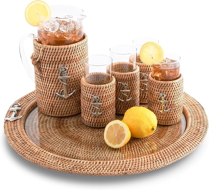 Vagabond House Set of 4 Tall Drinking Glasses with Hand Woven Rattan and Pewter Anchor Detail, Ideal for Water and Cocktails, Stylish Coastal Kitchen Accessory for Beach House Boating 6 Inches Tall