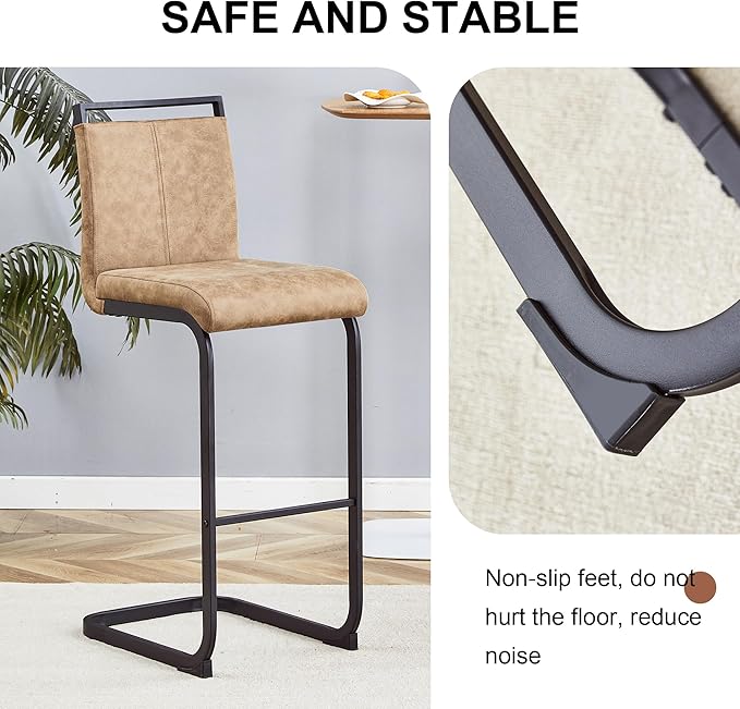 Bar Stools Set of 6, 30" H Counter Height Bar Stools with Footrest, Brown Faux Leather, Black Painted Metal Leg Dining Chair