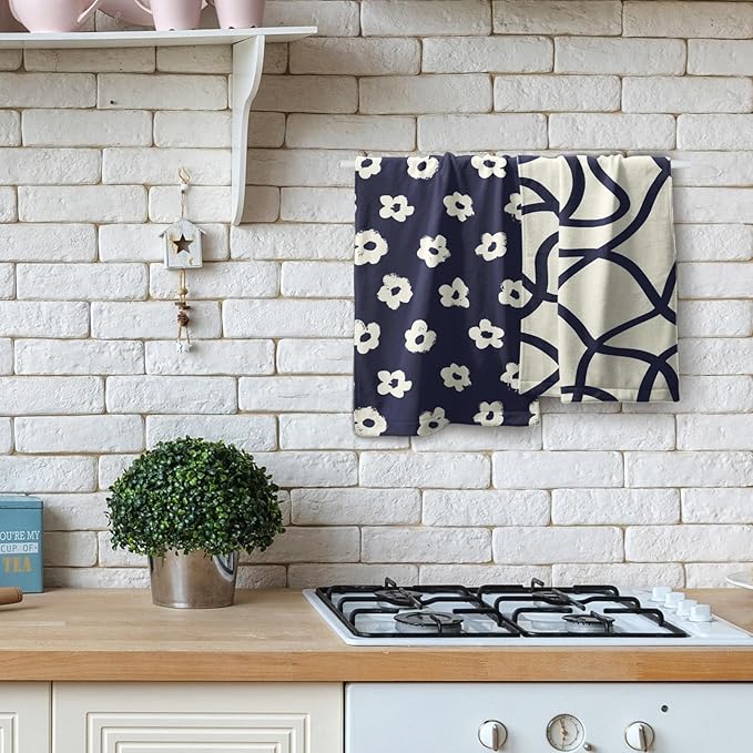 Modern Style Kitchen Towels Navy Blue Geometrical Stripe Set of 2 Quick Dry Microfiber Flower Pattern for Home Kitchen