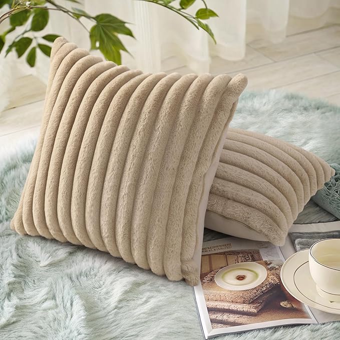 decorUhome Fall Faux Fur Throw Pillow Covers 18x18 Set of 2, Decorative Soft Plush Striped Neutral Euro Pillow Covers with Velvet Back for Bed, Living Room Home Decor, Light Khaki Brown