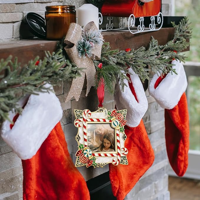 2025 Christmas Ornaments 2 inch Picture Frame Metal Hanging Pendant for Tree Small Decorative Keepsake, Display Photo for Baby and Pet (Candy Gold (2025))