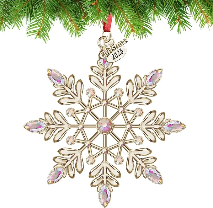 Christmas Snowflake Ornaments 2025 Decorations for Christmas Tree, Metal Hanging Rhinestones Ornament Decor, Glitter Crafts Snowflake Decorations Indoor Xmas Gifts for Holidays Winter Annual Keepsake