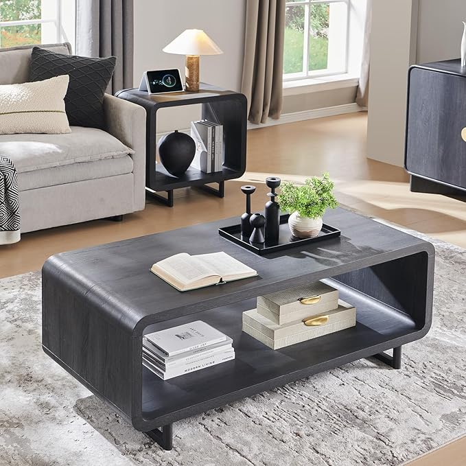 48" Modern Coffee Table, 2-Tier Minimalist Center Table with Storage Shelf, Curved Profile Design, Wooden Rectangular Living Room Table w/Wood Thick Design for Living Room, Office, Dark Grey