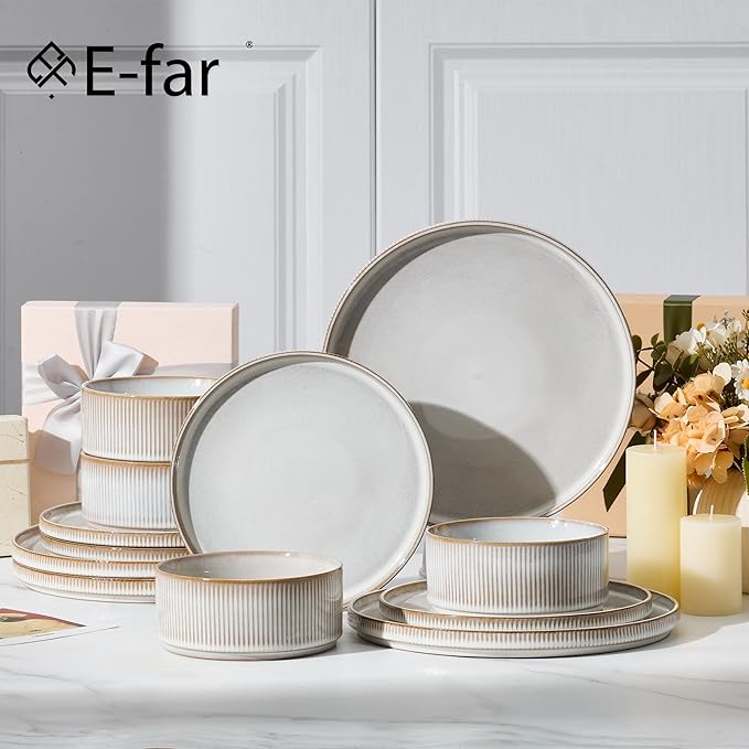 E-far 24-Piece Stoneware Dinnerware Sets, Plates and Bowls Sets for 8, Kitchen Modern Dinning Porcelain Dishes Set, Chip & Scratch Resistant, Dishwasher & Microwave Safe, Creamy Beige