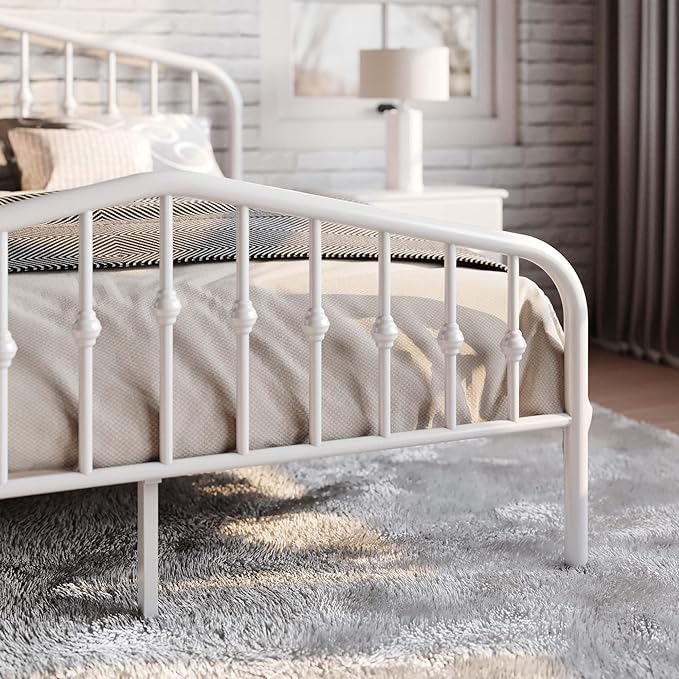 SHA CERLIN Queen Size Metal Platform Bed Frame with Victorian Style Wrought Iron-Art Headboard/Footboard, No Box Spring Required, White